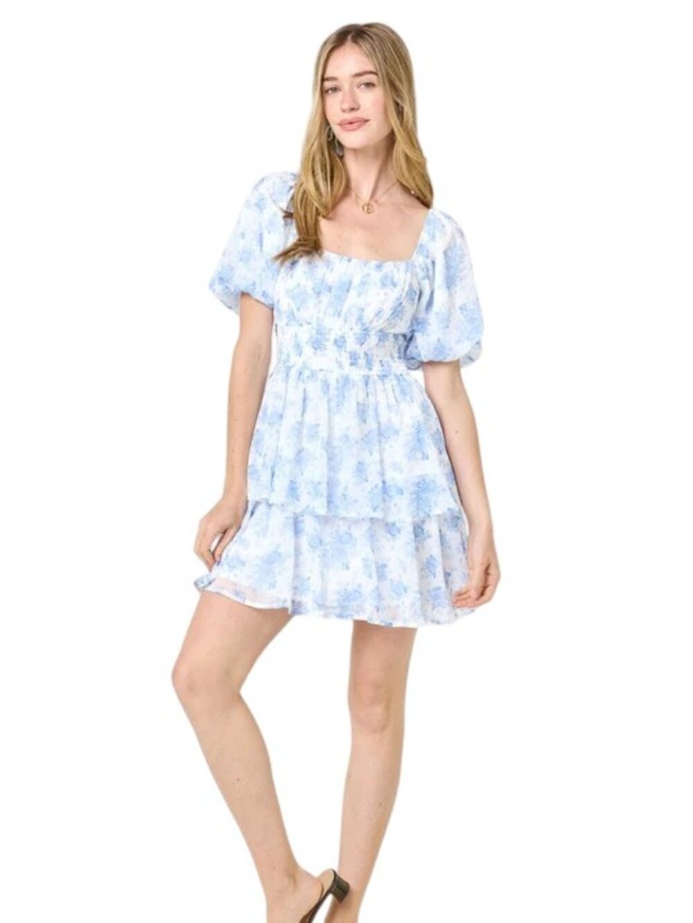 TRIXXI Los Angeles White Blue Floral Puff Sleeve Smocked Dress